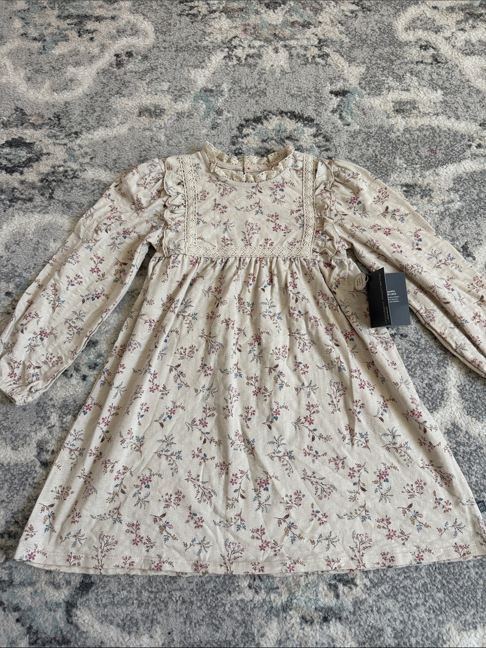 Girls Modern Moments Floral Crochet Long Sleeve Dress with Lace Detail